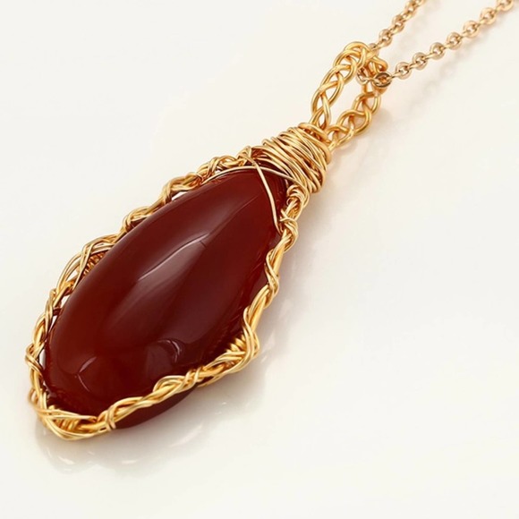 Natural Red Onyx Teardrop Handmade 18k Gold Plated Necklace - Picture 3 of 7